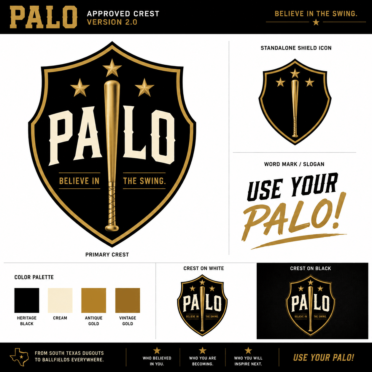 PALO primary crest with a gold baseball bat, three stars, and the words Believe in the Swing